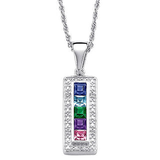 Sterling Silver Genuine Diamond and Birthstone Bar Necklace