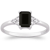 Sterling Silver Emerald-Cut Genuine Onyx & CZ Ring