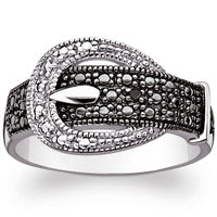 Sterling Silver Black and White Buckle Diamond Accent Ring