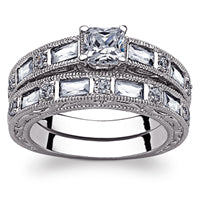 Princess Solitaire and Baguette CZ Wedding Ring Set