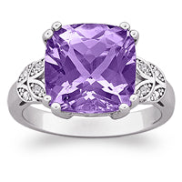 Sterling Silver Genuine Cushion-cut Amethyst & Diamond Ring