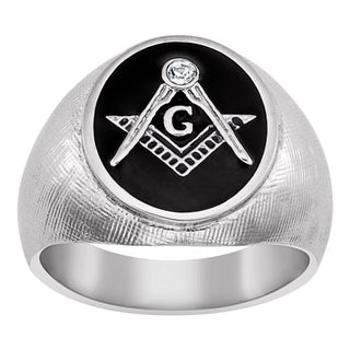 Stainless Steel Masonic Oval Textured Ring w/Crystal Accent