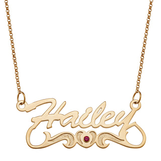 14K Gold Over Sterling Script Name Necklace With Birthstone Heart