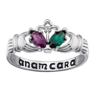 Sterling Silver Couple's Birthstone and Genuine Diamond Claddagh Ring