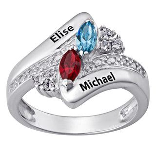 Sterling Silver Couple's Crystal Marquise Birthstone Name Ring