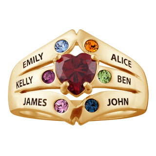 14K Gold over Sterling Mother's Heart Birthstone Family Name Ring