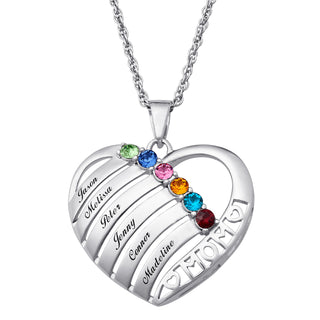 Engraved Heart Family Birthstone Necklace for Mom