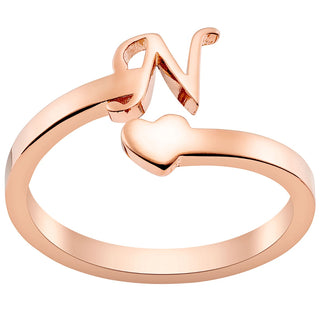 14K Rose Gold Plated Script Initial and Heart Bypass Ring