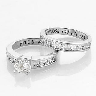 Platinum over Sterling Brilliant White Topaz 2 Piece Engraved Wedding Set