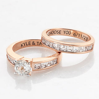 14K Rose Gold over Sterling Brilliant White Topaz 2 Piece Engraved Wedding Set