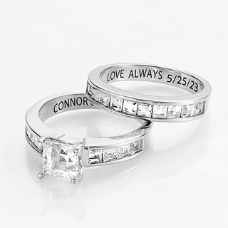 Platinum over Sterling Square White Topaz 2 Piece Engraved Wedding Set