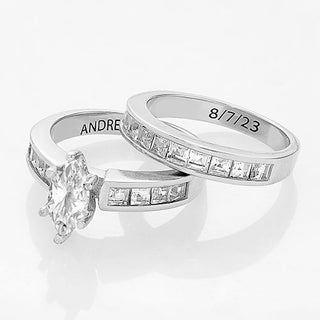 Platinum over Sterling Marquise White Topaz 2 Piece Engraved Wedding Set