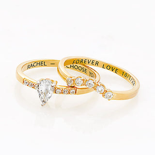 14K Gold over Sterling Pear White Topaz 2 Piece Engraved Wedding Set