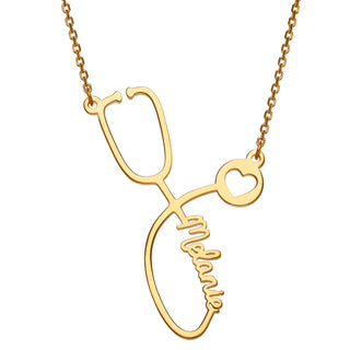 14K Gold over Sterling Script Name Stethoscope with Heart Necklace