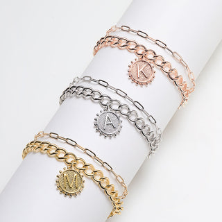 Sun Pendant Layered Initial Bracelet Rose Gold Plated