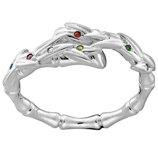 Bamboo with Birthstones Bypass Ring Silver Plated