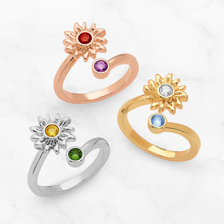 Silver Plated Sunflower with Birthstone Bypass Ring