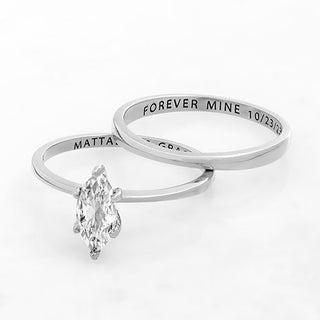 Platinum over Sterling  Marquise White Topaz 2-Piece Engraved Wedding Ring Set