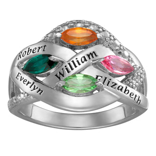 Sterling Silver Family Name and Marquise Birthstone Ring with Diamond Accent