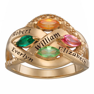 14K Gold over Sterling Family Name and Marquise Birthstone Ring with Diamond Accent