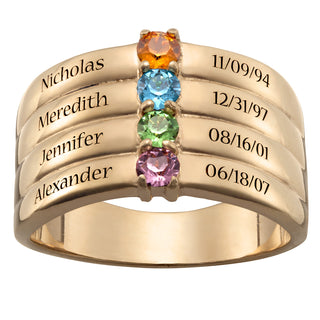 14K Gold over Sterling Birthstone, Name and Date Ring