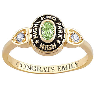 10K Yellow Gold Ladies Traditional Oval Stone & Heart Class Ring with Genuine Diamonds