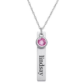 Sterling Silver Brushed Engraved Name with Birthstone Tag Pendant