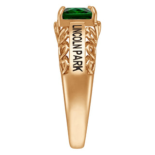 14K Gold over Sterling Emerald-cut Birthstone Class Ring with Filigree Hidden Year