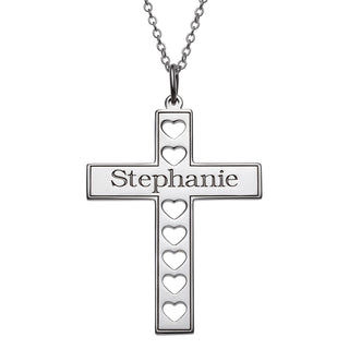 Sterling Silver Cross with Name and Cutout Hearts Necklace