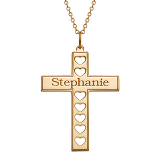 14K Gold over Sterling Cross with Name and Cutout Hearts Necklace