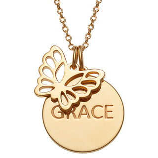 14K Gold over Sterling Name Disc with Butterfly Charm Necklace