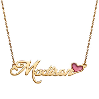 14K Gold over Sterling Name with Pink Enamel Heart Necklace