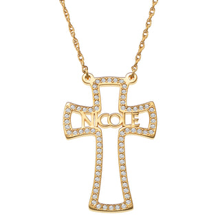 14K Gold over Sterling CZ Cross with Name Necklace