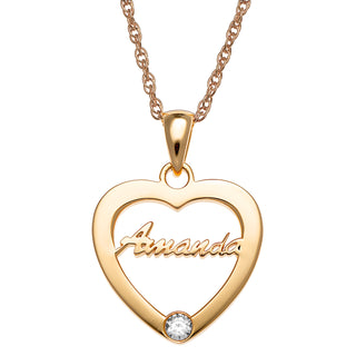 14K Gold over Sterling Open Heart with Name and Birthstone Necklace