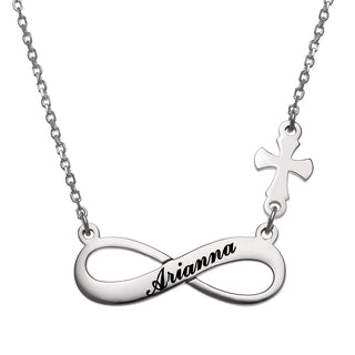 Sterling Silver Engraved Name Infinity with Cross Necklace