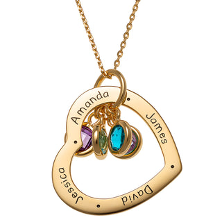 14K Gold over Sterling Engraved Family Names Heart with Birthstones Necklace