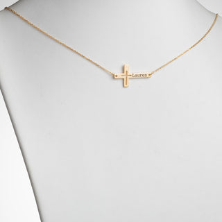 14K Gold over Sterling Engraved Name Sideways Cross Necklace