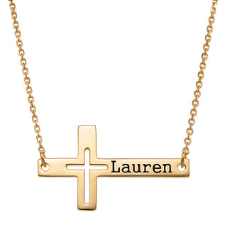 14K Gold over Sterling Engraved Name Sideways Cross Necklace