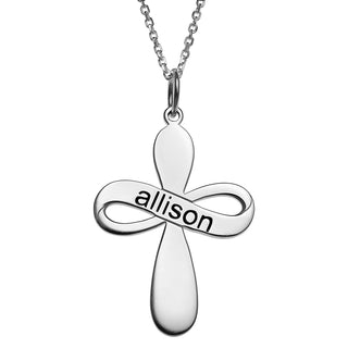 Sterling Silver Engraved Name Ribbon Cross Necklace