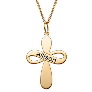 14K Gold over Sterling Engraved Name Ribbon Cross Necklace