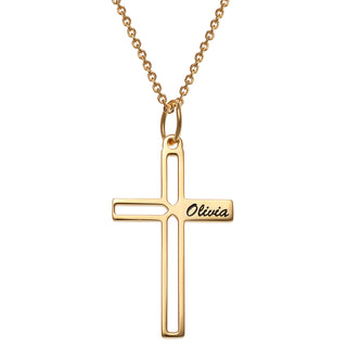 14K Gold over Sterling Engraved Name Open Cross Necklace