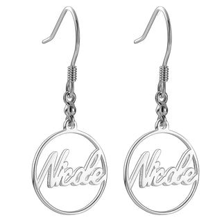 Sterling Silver Script Name Open Circle Dangle Earrings