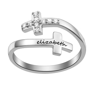 Engraved Name Double Cross Ring with Crystals