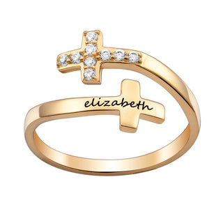 Engraved Name Double Cross Ring with Crystals