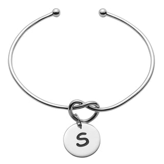 Engraved Initial Disc with Heart Knot Open Cuff Bracelet