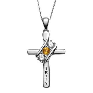 Sterling Silver Engraved Name and Genuine Birthstone Cross Pendant