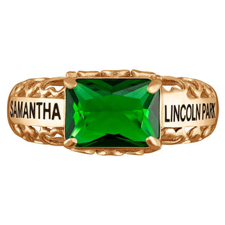 14K Gold over Sterling Emerald-cut Birthstone Class Ring with Filigree Hidden Year