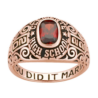 Ladies 14K Rose Gold over Sterling Fancy Scroll Birthstone Class Ring