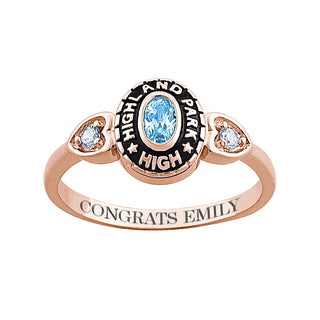 Ladies 14K Rose Gold over Sterling Traditional Oval Birthstone and CZ Heart Class Ring