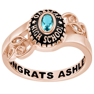 Ladies 14K Rose Gold over Sterling Traditional Oval Birthstone and Diamond Swirl Class Ring